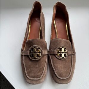 Tory Burch Taupe Suede Loafers with Gold Emblem